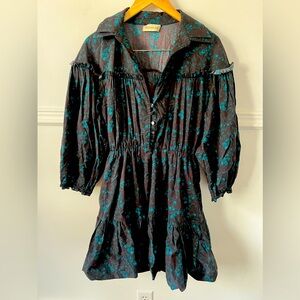 NICHOLAS dress 100% cotton pockets dark grey turquoise floral size 10 US skirt